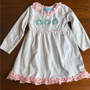 Pink and White Long Sleeve Dress with Embroidered Wreaths